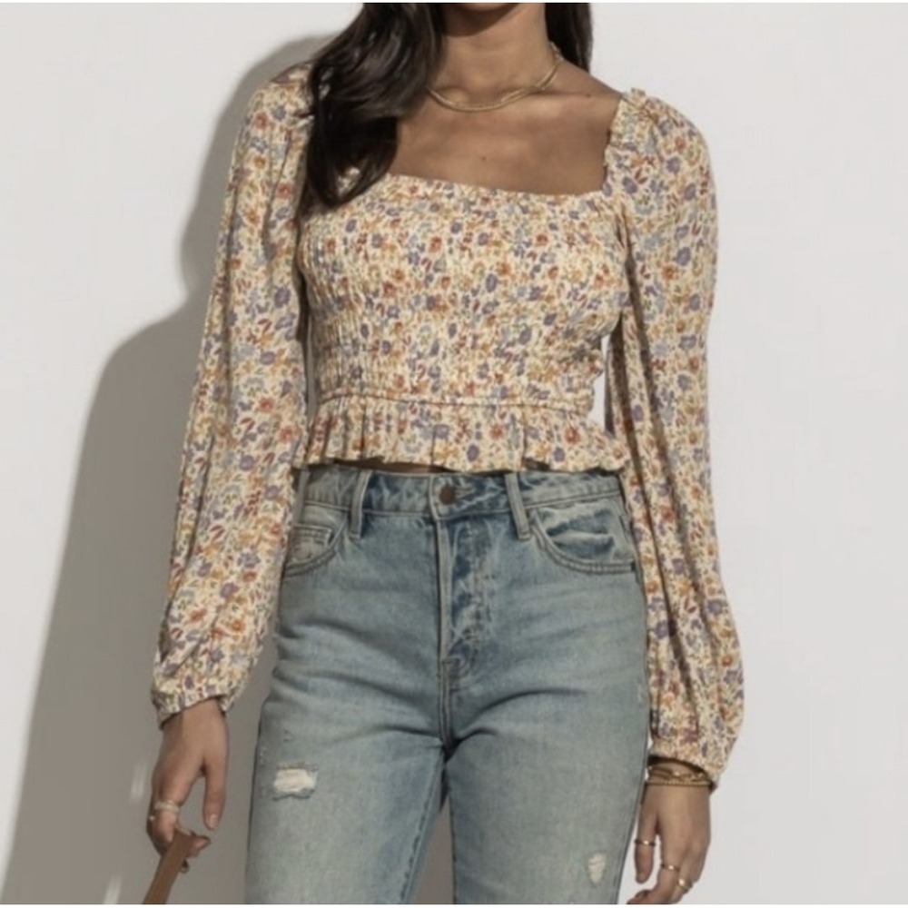 Bohme‎ Smocked Crop Top Long Puff Sleeve Floral Pink Lavender Ivory Ruffle Large